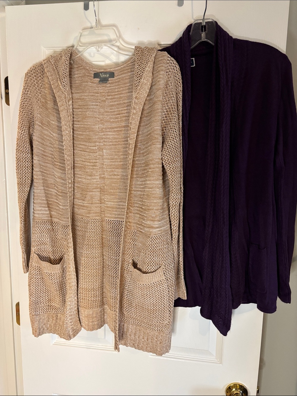 Deal:Beige Hooded Open-Front Knit Cardigan Sweater and Purple Open Front Size S